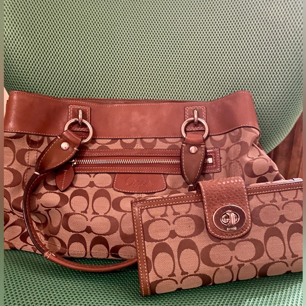 Classic brown Coach handbag and wallet sold together.